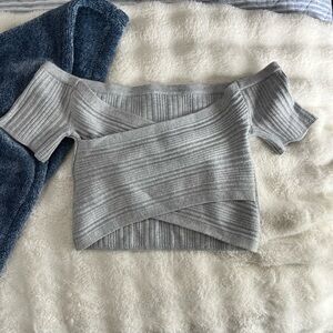 Gray Off-Shoulder Ribbed Sweater